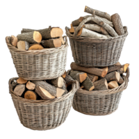 Assorted firewood neatly stacked in wicker baskets arranged on a transparent background for decorative purposes, Assorted Firewood in Wicker Baskets on transparent background png