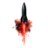 Black rocket launches with a fiery red tail and billowing smoke against a transparent background, black rocket with a red tail and smoke coming out it, transparent background. png