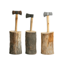 Axes resting on wooden stumps arranged neatly on a transparent background for a clean, rustic display, Axes on Wood Stumps on transparent background png