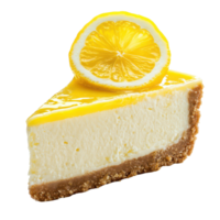 Delicious baked lemon cheesecake slice garnished with fresh lemon on a bright transparent background, baked lemon cheesecake isolated on transparent background png
