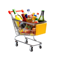 A shopping cart filled with various grocery items against a clean transparent background, a full shopping cart, transparent background. png