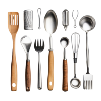 Collection of assorted kitchen utensils on a plain transparent background for culinary enthusiasts and chefs, Assorted kitchen utensils isolated on transparent background png