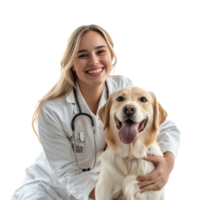 A young veterinarian happily poses with a friendly dog against a clean transparent background, Beautiful young veterinarian with a dog on a transparent background png