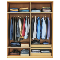 Organized wardrobe displaying neatly hung shirts, folded clothes, and accessories against a transparent background, a wardrobe with clothes and accessories, transparent background. png