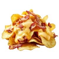 Delicious cheesy bacon potato chips topped with savory bits, perfect for snacking at any time of the day, a serving potato chips with cheese and bacon, transparent background. png