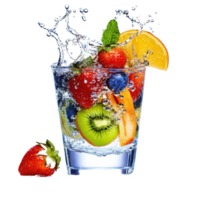 Refreshing fruit glass with a splash of clean water and vibrant colors in bright daylight, A glass juicy with fruits and splash clean water onisolated on transparent background png