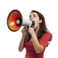 A chic brunette lady passionately shouting into a loudspeaker, conveying a powerful message with enthusiasm, A Chic Brunette Lady Shouting into a Loudspeaker, transparent background. png