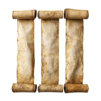 Ancient scrolls on aged parchment paper showcasing historical markings and textured, Ancient Scrolls, Historical Parchment Paper with Aged Texture, isolated on transparent background png