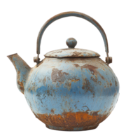 A vintage blue teapot with rust, showing wear and history, perfect for a rustic kitchen or collection display, A large rusted blue teapot with a single handle and spout, transparent background. png
