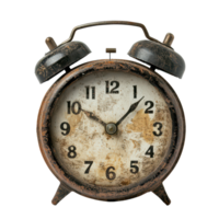 An old dirty alarm clock showing the passing of time with discolored face and rusty exterior against a transparent background, an old and dirty alarm clock, transparent background. png