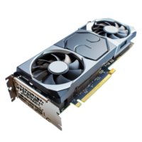 A detailed view of a modern computer graphics card displayed on a clean transparent background, A modern computer graphics card, transparent background. png