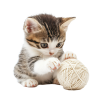 A playful kitten explores a ball of yarn on a bright transparent background in a lively indoor setting, a kitten playing with a ball yarn, transparent background png