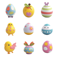 Colorful Easter icons featuring festive eggs, chicks, and bunnies on a stark transparent background for seasonal celebrations, 3d Easter icons isolated on transparent background png
