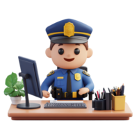 A cheerful police officer character working diligently at a workstation with a computer and desk, 3D Police Officer Character at Workstation on transparent background png