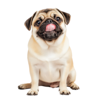 A cute pug sitting on the ground with its tongue out in a cozy indoor setting, a cute pug sitting on the ground with its tongue out, transparent background. png