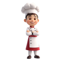 Cheerful cartoon chef standing confidently in a outfit on a plain background ready for culinary adventures, 3D cartoon character chef on transparent background png
