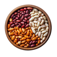 Variety of colorful beans displayed in a wooden bowl on a transparent background showcasing natural textures and colors, beans in a bowl isolated on transparent background png