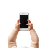 Baby's hands holding a smartphone while sitting against a transparent background, showcasing curiosity and playfulness, Baby's Hands Holding Smartphone isolated on transparent background png