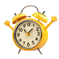 Cheerful cartoon alarm clock character with hands raised, ready to wake you up and start the day, Alarm clock cartoon character isolated on transparent background png