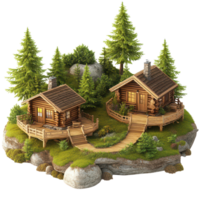 Beautiful rustic log cabins nestled in lush greenery amid natural surroundings, 3D Rustic Log Cabins Surrounded by Nature on transparent background png