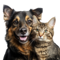 A cheerful dog and cat posing together with bright expressions against a transparent background, A dog and a cat posing together for a picture, transparent background. png
