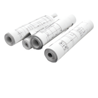 Architectural blueprints and rolled plans displayed on a transparent background for design and construction projects, Architectural blueprints and blueprint rolls on transparent background png