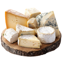 A colorful assortment of gourmet cheeses displayed on a rustic wooden board for a delightful tasting experience, A variety gourmet cheeses displayed on a rustic wooden platter png