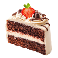 Delicious layered chocolate cake slice with cream, strawberries, and chocolate on a transparent background, A Piece Cake Isolated png