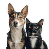 A dog and a cat sit side by side with curious expressions against a light background, highlighting their friendship, A dog and a cat posing together for a picture, transparent background. png