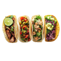 sabroso carne de res, pollo, y vegetariano tacos arreglado en un transparente antecedentes para un encantador banquete experiencia, carne de res, pollo, y vegetariano tacos en transparente antecedentes png