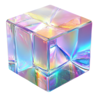 A crystal glass cube showcasing vibrant refraction and holographic effects in a minimalistic setting, 3d crystal glass bubble with refraction and holographic effect isolated on transparent background png