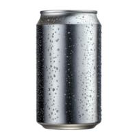 A metallic aluminum can covered in water droplets isolated on a transparent background, capturing freshness, aluminum can without label with water drops isolated onisolated on transparent background png