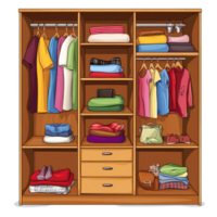 A neatly organized wardrobe displaying colorful clothes and stylish accessories on a clean transparent background, a wardrobe with clothes and accessories, transparent background. png