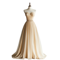 Elegant strapless dress on a mannequin against a simple transparent background showcasing refined design and fabric, A dress on a mannequin on a transparent background png