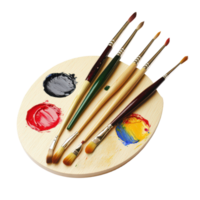 A wooden palette with colorful paints and paintbrushes isolated on a transparent background ready for creative work, A Palette With Paintbrushes isolated on transparent background png