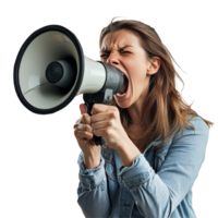A chic brunette lady passionately shouting into a loudspeaker in a vibrant urban setting during a sunny afternoon, A Chic Brunette Lady Shouting into a Loudspeaker, transparent background. png