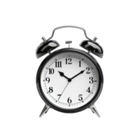 Classic black alarm clock on a bright transparent background showing the time clearly in a minimalistic setting, Alarm clock on transparent background png