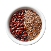 A bowl of azuki red beans and flax seeds with brown teff grain on a transparent background, Azuki red bean, flax seeds, Brown Teff Grain in bowl on transparent background png