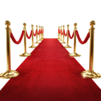 A glamorous red carpet lined with gold barriers welcomes celebrities at a prestigious event in the evening, a red carpet with gold barriers creating a glamorous entrance, transparent background. png