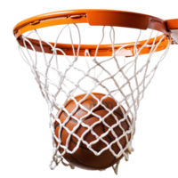 A basketball perfectly swooshes through the net of a hoop during a game in a sunny outdoor court, basketball going through the net a basketball hoop, transparent background. png