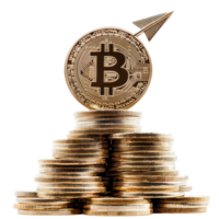 Bitcoin symbol riding an arrow atop a stack of physical coins, suggesting growth and investment potential, Bitcoin Arrow Riding atop Pile Physical Coins, transparent background. png