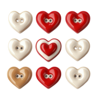 Heart-shaped buttons in various colors arranged neatly on a transparent background for crafting and design projects, 3d heart buttons isolated on transparent background png