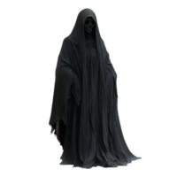 A mysterious ghost in a black robe emerges against a bright transparent background conveying a haunting presence, A ghost with a black robe, transparent background png
