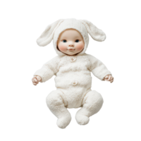 A soft, cuddly toy doll for children with a bunny outfit on a transparent background, A Little toy for child, transparent background. png
