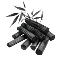 Bamboo charcoal sticks arranged with bamboo leaves on a transparent background showcasing natural materials, Bamboo charcoal isolated on transparent background png