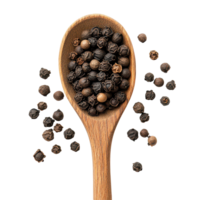 Black pepper corns in a wooden spoon on a transparent background, showcasing culinary spices for flavor enhancement, Black pepper corns in wood spoon isolated on transparent background png