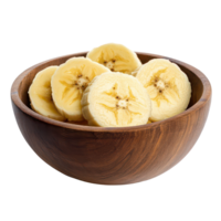 Fresh banana slices in a wooden bowl isolated on a clean transparent background for healthy snacking ideas, Banana slice in wood bowl isolated on transparent background png