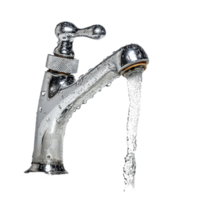 água fluxos a partir de uma moderno cromada torneira contra uma transparente fundo, exibindo Está lustroso Projeto e função, uma corrida torneira com água fluindo fora, transparente fundo. png