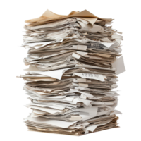 A towering stack of unread papers ready to be discovered in an office setting, A Tower Unread Papers Ready to Be Discovered, transparent background. png