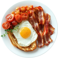 Delicious big breakfast featuring egg, crispy bacon, tomatoes, and hash browns on a plate, Big Breakfast, with egg and bacon, transparent background. png